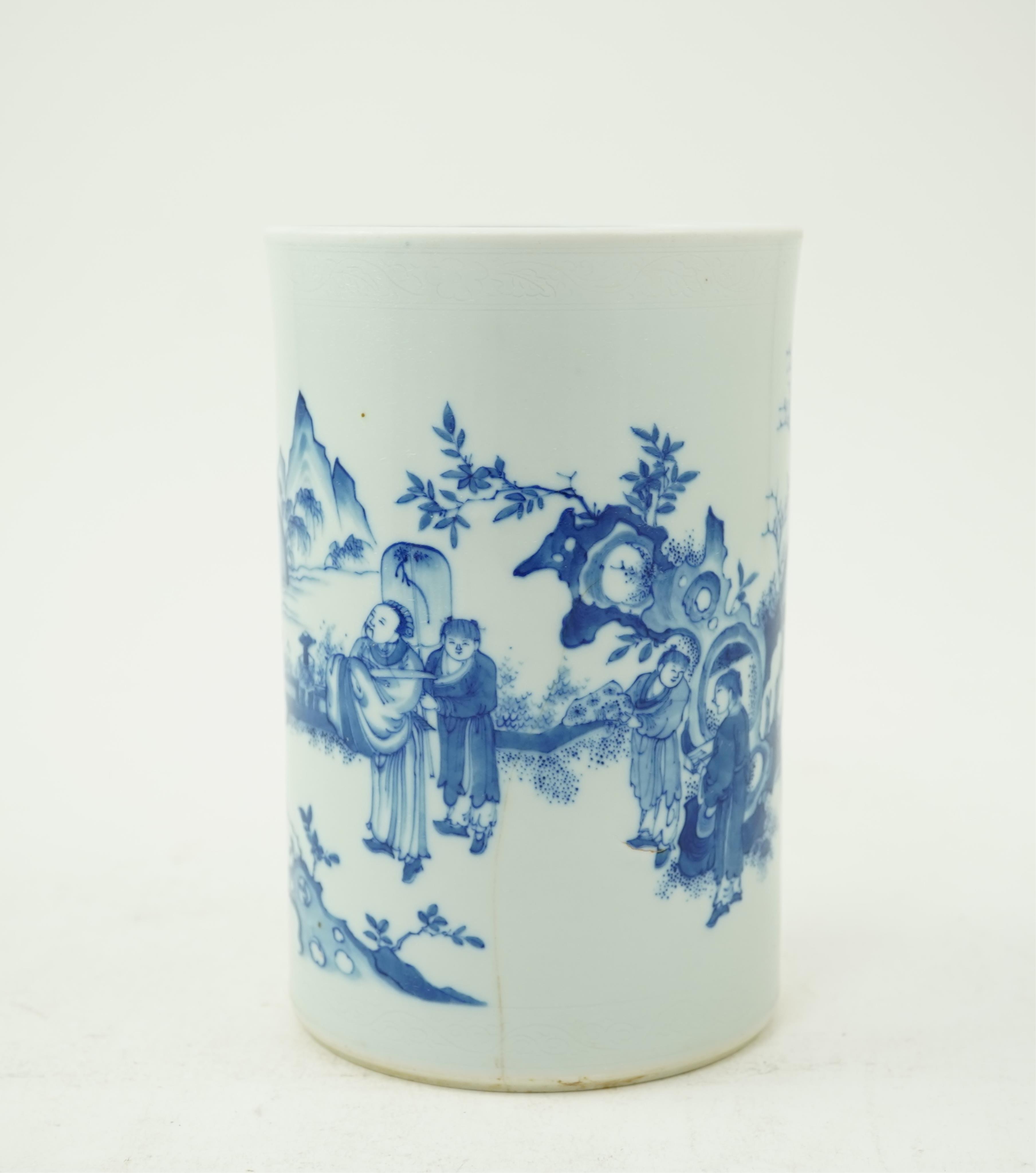 A Chinese blue and white brush pot, Transitional or later